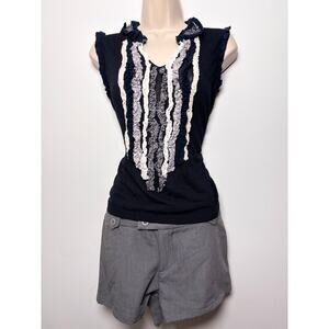 Vintage Y2K Navy Mixed Ruffle & Lace Trim Sleeveless Top